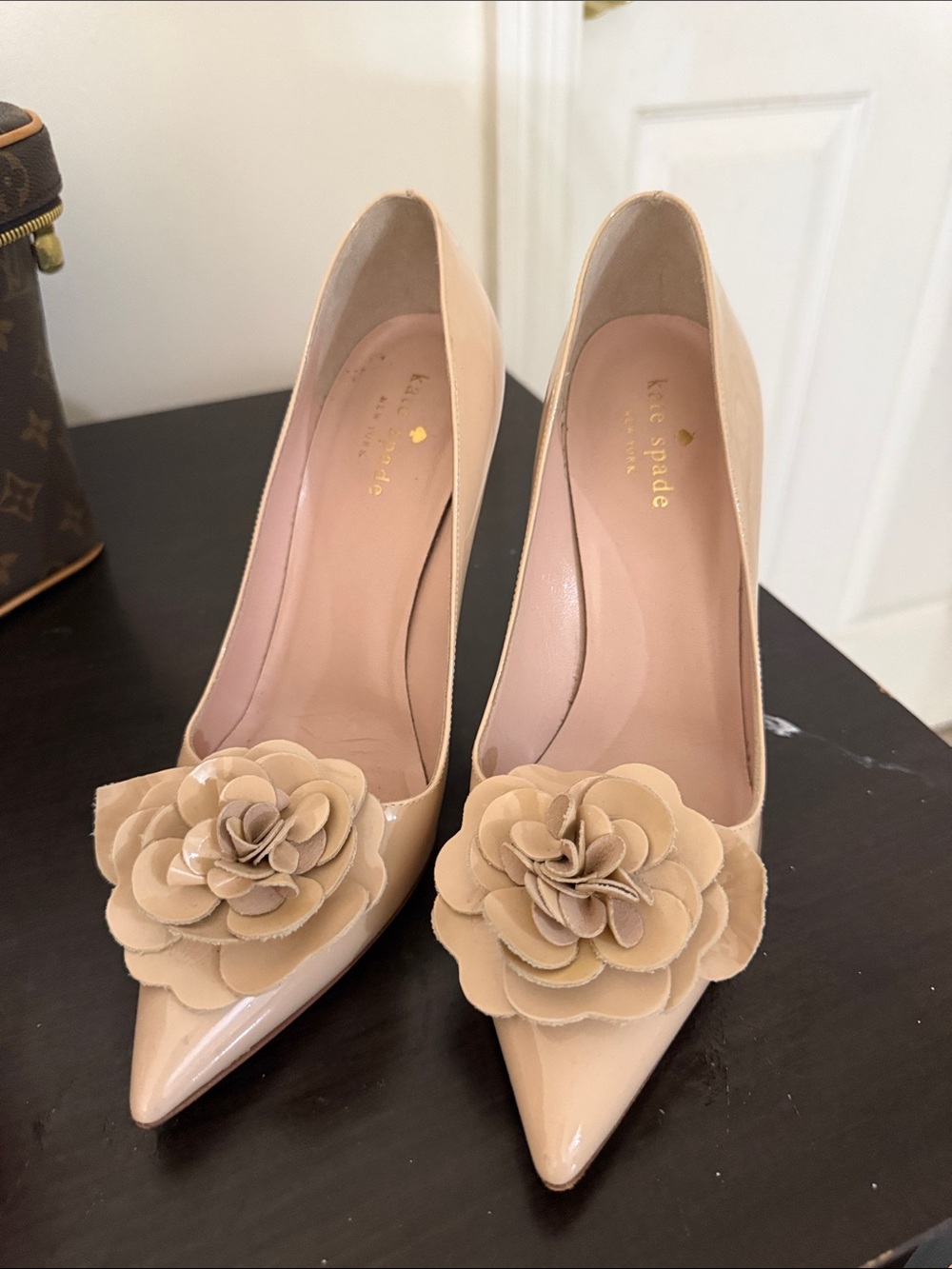 kate spade Nude Patent Leather Pointed-Toe Pumps with Flower Appliqué